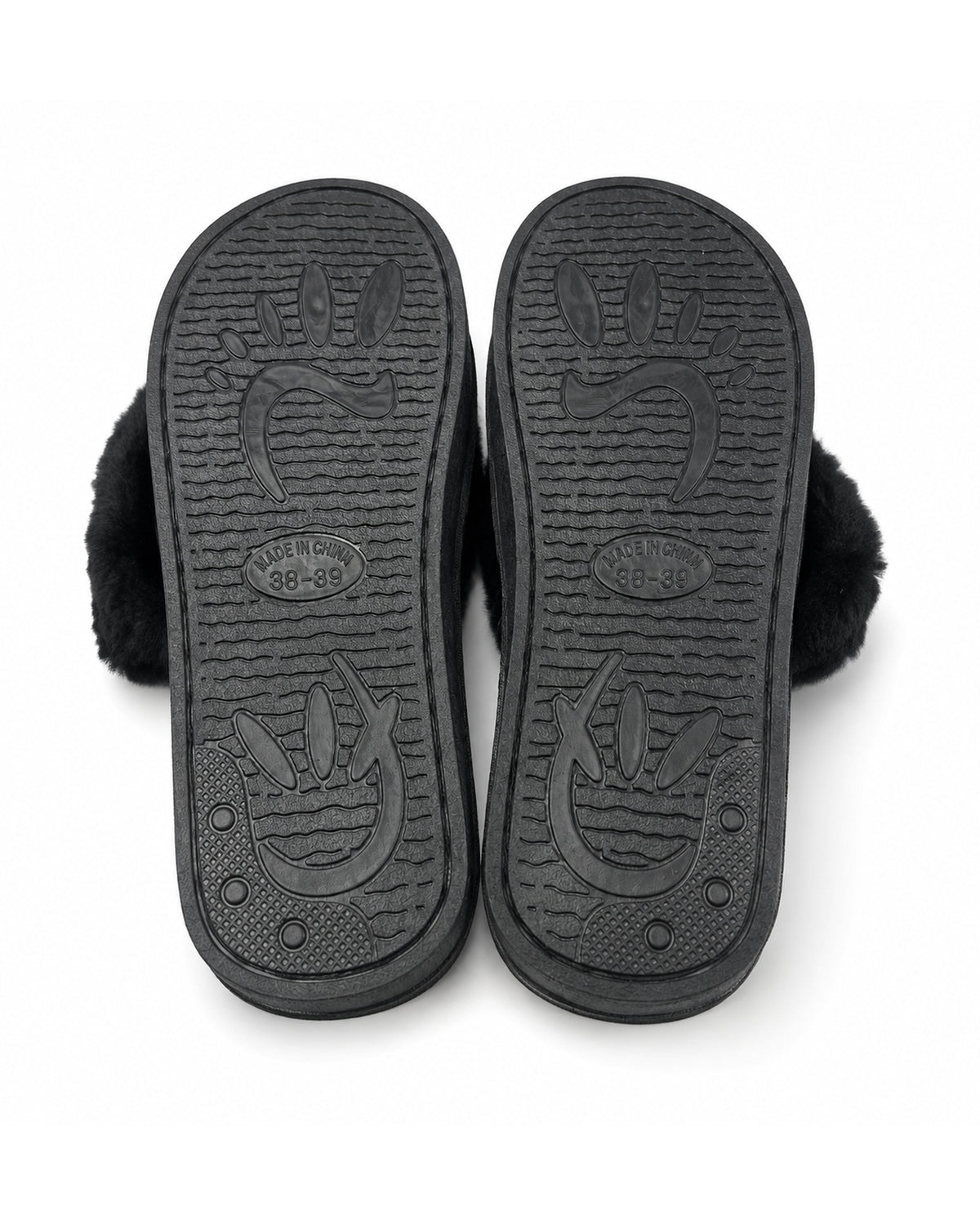 Black fluffy slippers with slip resistant soles.