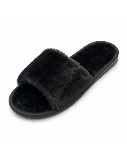 Black Slide Fluffy Slippers - SLP101