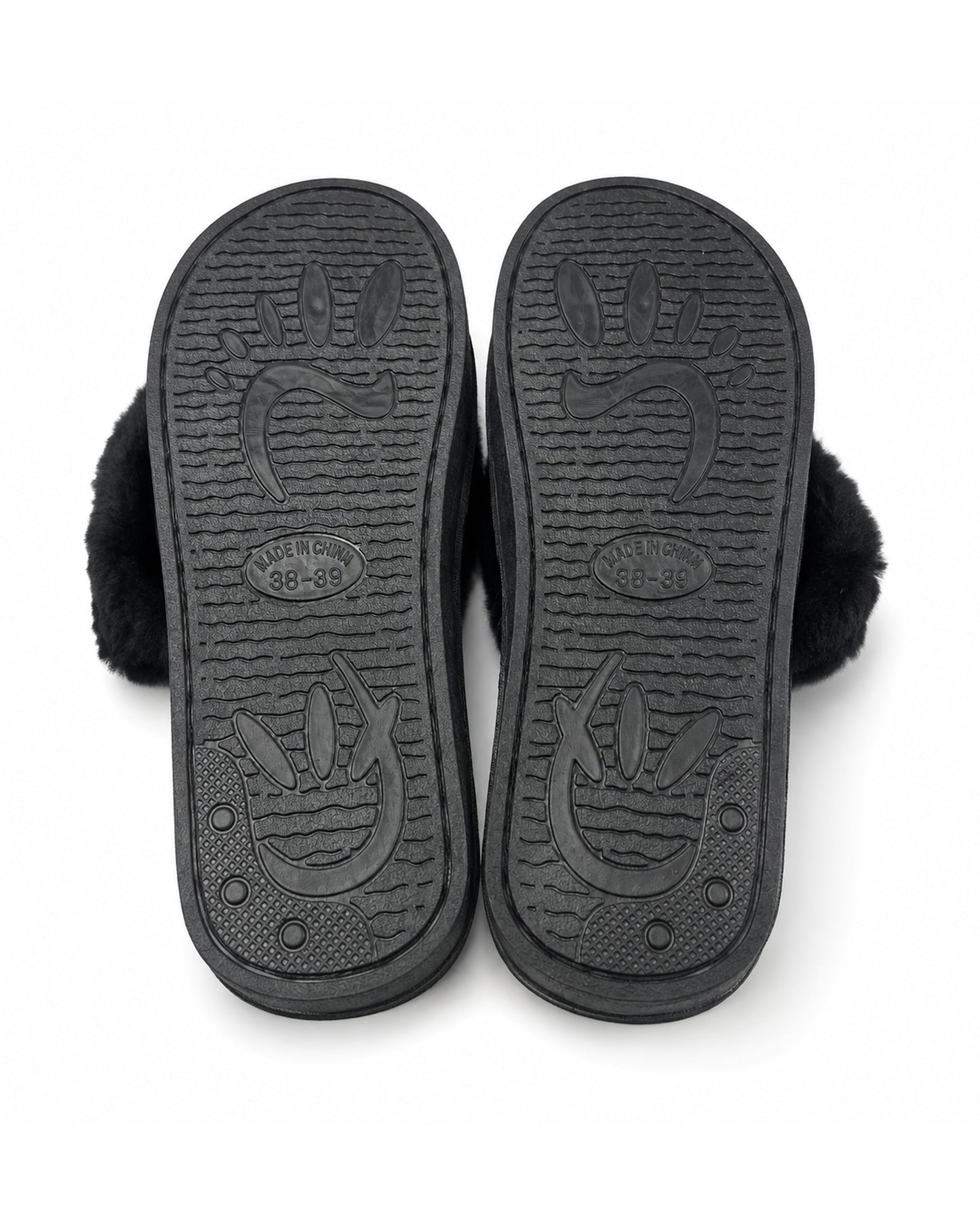 Black fluffy slippers with slip resistant soles.