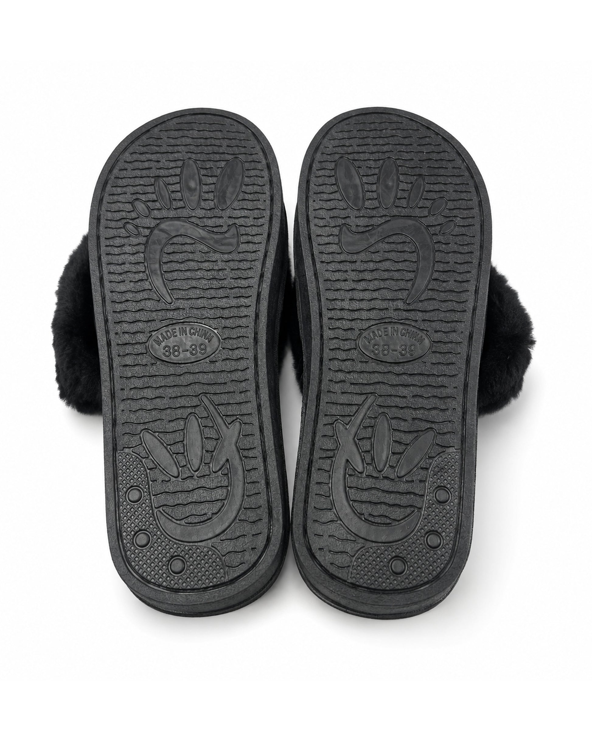 Black fluffy slippers with slip resistant soles.
