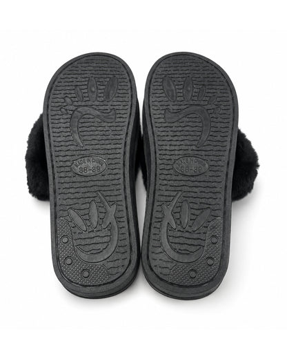 Black fluffy slippers with slip resistant soles.