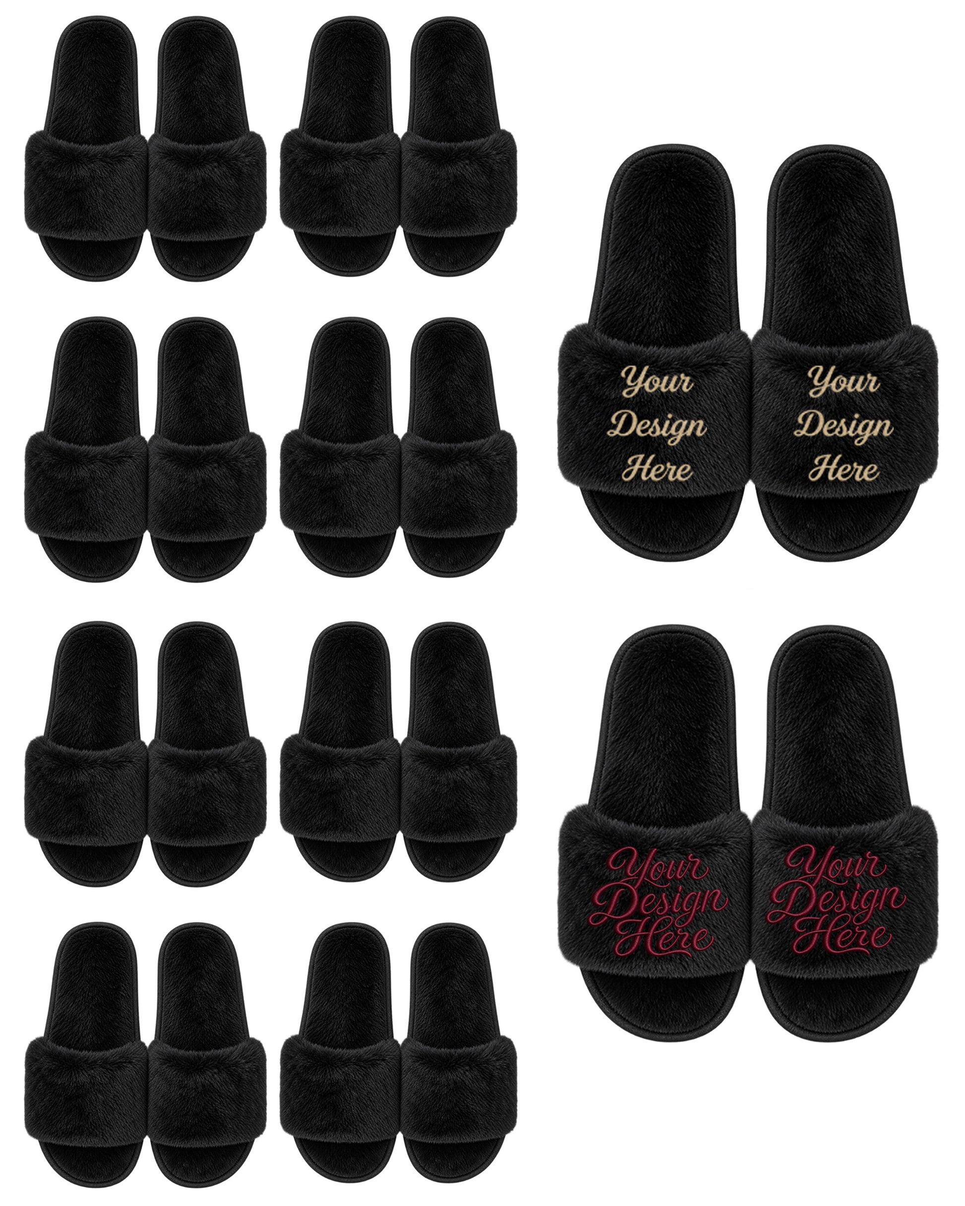 Set of 10 black slippers.